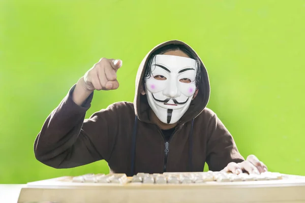 Jakarta Indonesia March 2020 Hacker Vendetta Mask Showing Threatening Gesture — 스톡 사진