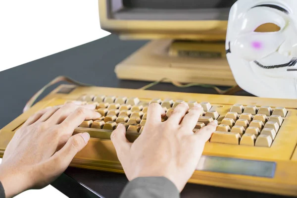 Close Hand Young Hacker Trying Steal Information While Typing Keyboard — Stock Photo, Image