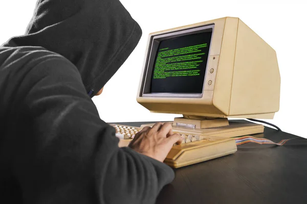 Vista Posterior Del Hacker Masculino Robando Información Del Sistema Aislado — Foto de Stock
