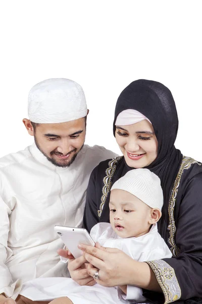 Portrait Cute Little Muslim Boy His Parents Using Cellphone Isolated — Stock Photo, Image