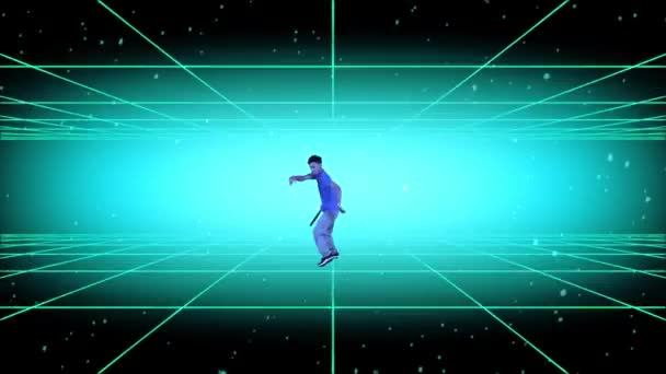 合成波の背景を持つヒップホップダンスをやっている男の子 — ストック動画
