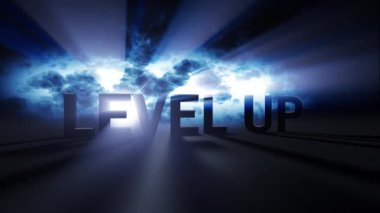 Seviye kelime animasyonu mavi ışık ışınlarıyla aydınlatılır