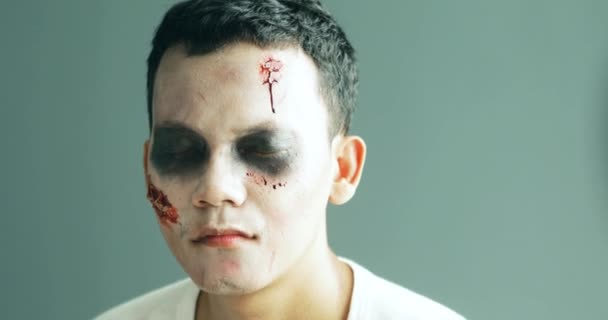 Makeup Artist Preparing Creepy Makeup Face Halloween Party — Stock Video
