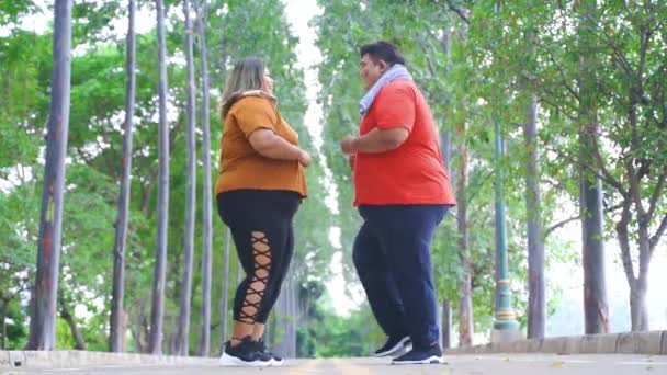 公園で彼のガールフレンド汗を拭く肥満男 — ストック動画