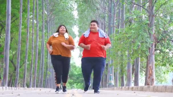 Romantic Fat Couple Jogging Park — Stock Video