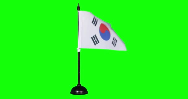 Миниатюрный Флаг Южной Кореи Развевающийся Флагштоке Зеленый Фон — стоковое видео
