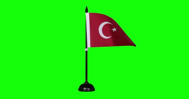 Σημαία Μινιατούρα Της Τουρκίας Κυματίζει Κοντάρι Σημαίας Πράσινο Φόντο — Αρχείο Βίντεο