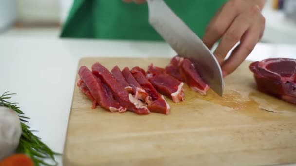 Closeup Hand Cutting Red Meat Knife Oily Cutting Board While — Stock Video