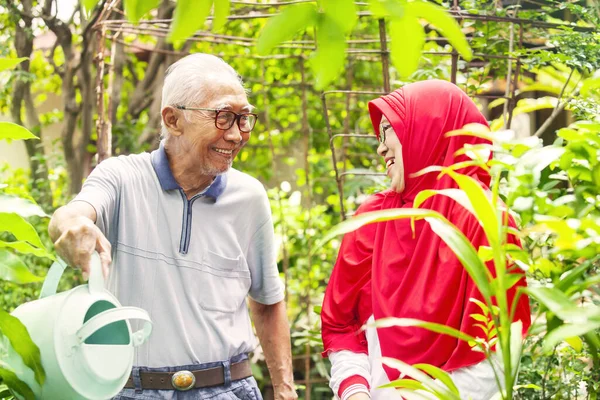 Pasangan Senior Yang Ceria Tersenyum Bersama Sambil Menyiram Tanaman Kebun — Stok Foto