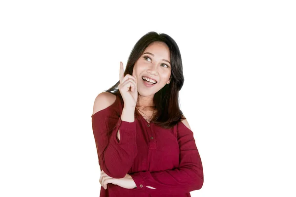 Pretty Cheerful Young Woman Standing Studio Looks Getting Idea While — Stock Photo, Image