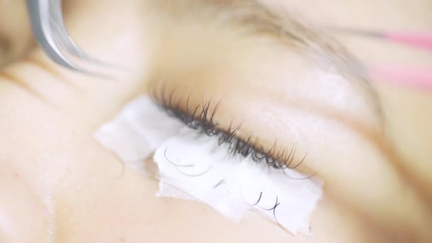 Ung Kvinna Genomgår Ögonfrans Förlängning Förfarande Skönhetssalong Närbild — Stockvideo