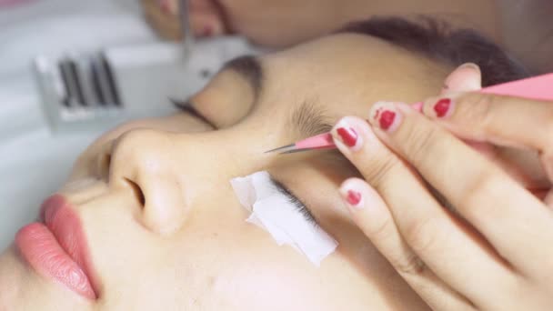 Young Woman Undergoing Eyelash Extension Procedure Beauty Salon Closeup — Stock Video