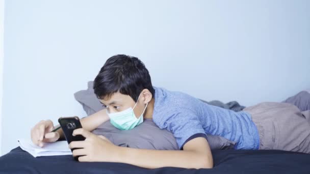 Male Preteen Studying Quarantine Home — Stock Video