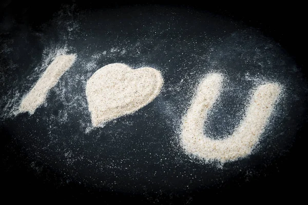 Closeup Love You Text Written Sand Heart Symbol Black Background — Stock fotografie