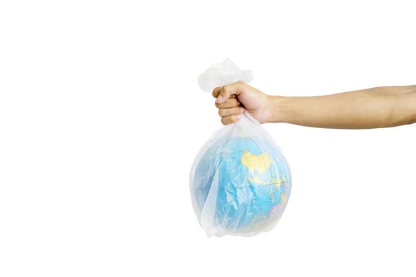 Hand Holding Globe Plastic Bag Shot Studio Isolated White Background — Stock Photo, Image