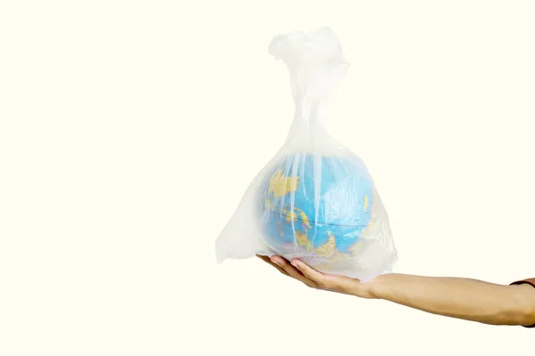 Human Hand Holding Globe Plastic Bag Studio Isolated White Background — Stock Photo, Image