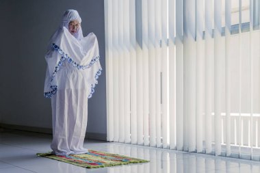 Gözlüklü, duvak takan, dua eden yaşlı Müslüman bir kadın.