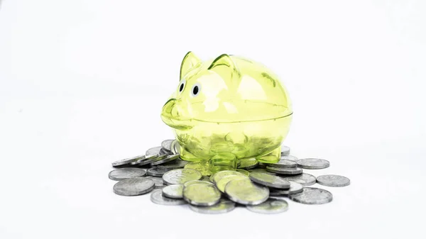 Transparent Piggy Bank Standing Pile Coins Studio Isolated White Background — Stock Photo, Image