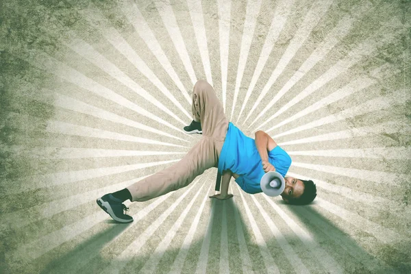 Young Man Doing Break Dance While Shouting Megaphone Studio Grunge — Stock Photo, Image