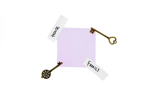 Top View Key House Empty Paper Family Text Isolated White — Stock Photo, Image