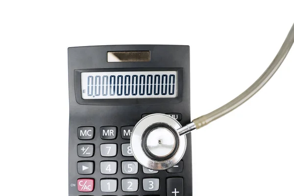 Widok Górny Stetoskopu Kalkulatora Stole Koncepcja Ubezpieczenia Zdrowotnego — Zdjęcie stockowe