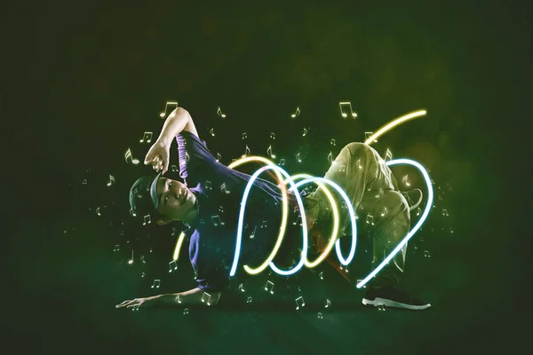 Young Man Break Dancing Light Effect Night Street — Stock Photo, Image