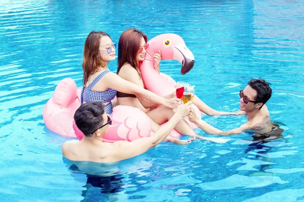 Grupo Jóvenes Haciendo Bebidas Tostadas Con Flamenco Inflable Piscina —  Fotos de Stock