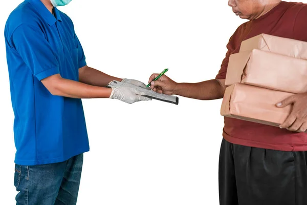 Portret Van Een Man Blauw Pakuniform Gezichtsmasker Terwijl Hij Het — Stockfoto