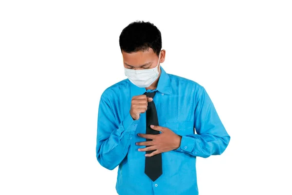 Retrato Del Hombre Con Traje Azul Mascarilla Mientras Tose Dolorosamente — Foto de Stock