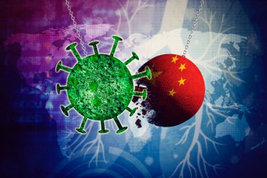 Çin bayrağı Corona virüsüne karşı. Virüse karşı mücadele kavramı