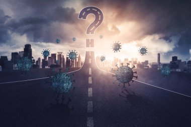 Coronavirus ya da sokağın ortasında soru işareti ve şehir geçmişi olan covid-19.