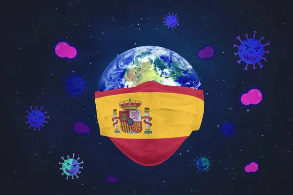 Earth wearing face mask to fight against coronavirus outbreak pandemic with flag of Spain.