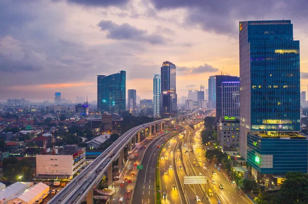 Jakarta Indonézia Április 2020 Gyönyörű Légi Kilátás Jakarta Város Alkonyatkor — Stock Fotó