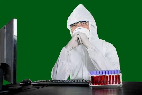 Portrait Unidentified Scientist Wearing Hazmat Suit While Posing His Her — Stock Photo, Image