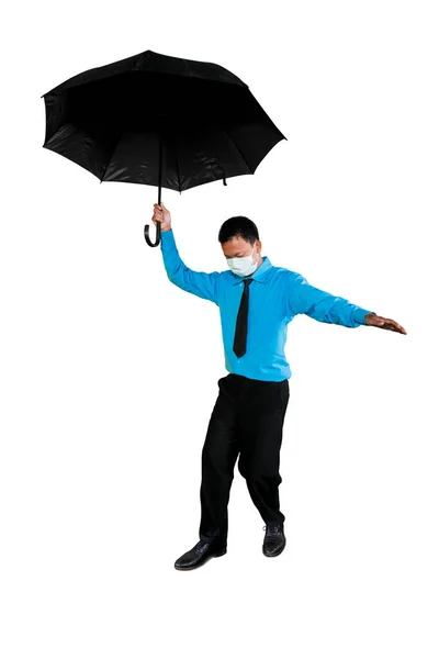 Portrait Unidentified Businessman Wearing Face Mask Holding Umbrella While Rope — Stock Photo, Image