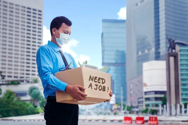 Jakarta Indonesia May 2020 Young Businessman Holding Cardboard Box Text — Stock Photo, Image