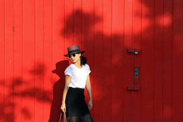 Retrato de estilo de moda de menina da moda jovem com chapéu marrom. Modelo posando e de pé perto da parede vermelha . — Fotografia de Stock