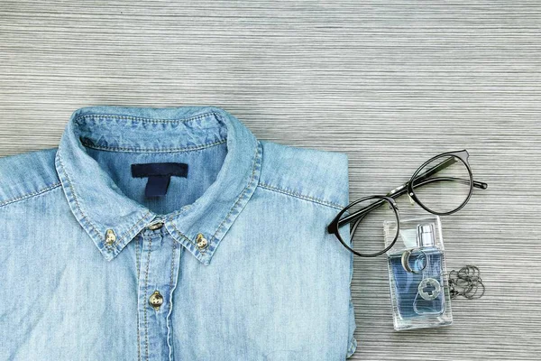 Men Fashion, Casual outfits, Blue jeans Shirt, Perfume, Necklace.