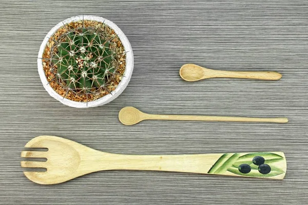 Home decorative objects, Overhead view of wood utensils on wood  table. — Stock Photo, Image