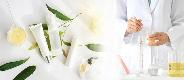 Naturkosmetikkonzept, ärztliche und medizinische Experimente, Apotheker bei der Formulierung der Chemikalie für kosmetische, kosmetische Flaschenbehälter, Blankoetikett für Branding-Mock-Up. — Stockfoto