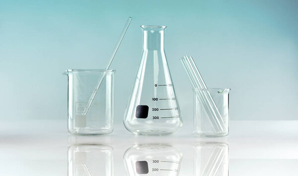 Group of scientific laboratory glassware, Research and development.