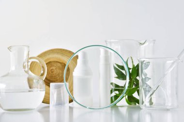 Kozmetik şişe kapları ile yeşil bitki yaprakları ve bilimsel Züccaciye Mağazaları, odak mock-up marka için boş etiket paketinizdeki