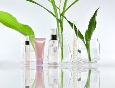 Yeşil bitkisel yapraklı kozmetik şişe kapları ve bilimsel cam eşyalar, markalaştırma, araştırma ve doğal organik güzellik ürünleri konseptini geliştirmek için boş etiket paketi..