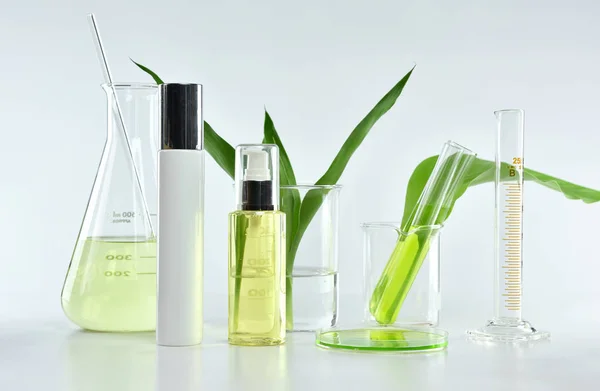 Контейнери для косметичних пляшок з зеленим трав'яним листям та науковим скляним посудом, пакет для брендингу макетів, Дослідження та розробка концепції натуральної органічної краси . — стокове фото