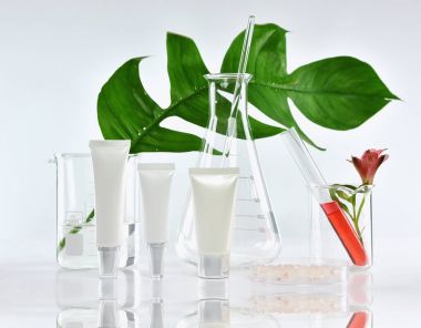 Yeşil bitkisel yapraklı kozmetik şişe kapları ve bilimsel cam eşyalar, markalaştırma, araştırma ve doğal organik güzellik ürünleri konseptini geliştirmek için boş etiket paketi..