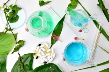 Doğal organik botanik ve bilimsel Züccaciye Mağazaları, alternatif bitki tıp, doğal cilt bakımı kozmetik güzellik ürünleri, araştırma ve geliştirme kavramı. (Seçici odak)
