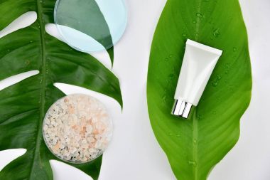 Kozmetik şişe kapları ile yeşil bitki yaprakları.