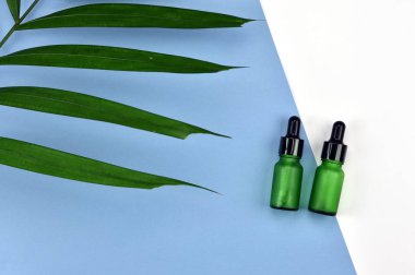 Kozmetik şişe kapları ile yeşil bitki yaprakları, boş etiket markalama mock-up, doğal güzellik ürün kavramı, için düz renk arka plan üzerinde yatıyordu..