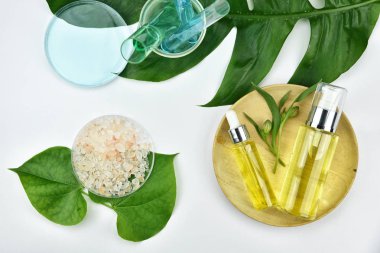 Yeşil bitkisel yapraklı kozmetik şişe kapları, markalaşma için boş etiket, doğal güzellik ürünü konsepti.