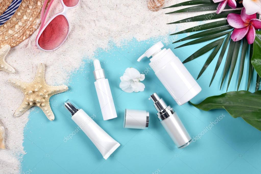 Summer facial skincare protection, Sun protection with Blank label cosmetics bottle container for branding mock-up.